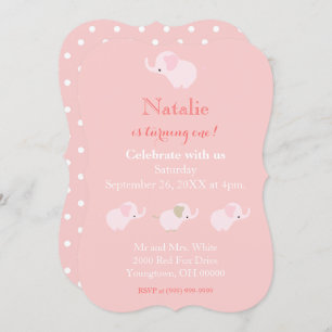 Pretty Pink Elephants Baby Girl First Birthday Invitation
