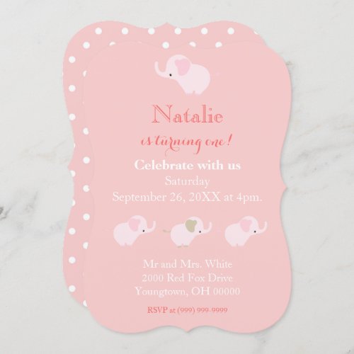 Pretty Pink Elephants Baby Girl First Birthday Invitation