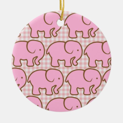 Pretty Pink Elephants on Pink Plaid Pattern Ceramic Ornament