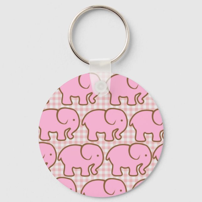 Pretty Pink Elephants on Pink Plaid Pattern Keychain (Front)