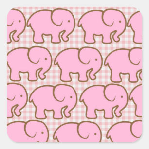 Pretty Pink Elephants on Pink Plaid Pattern Square Sticker