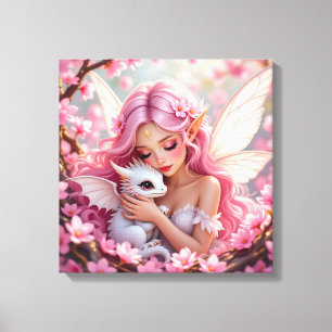 Pretty Pink Elven Fairy & Dragon  Canvas Print