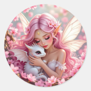 Pretty Pink Elven Fairy & Dragon  Classic Round Sticker