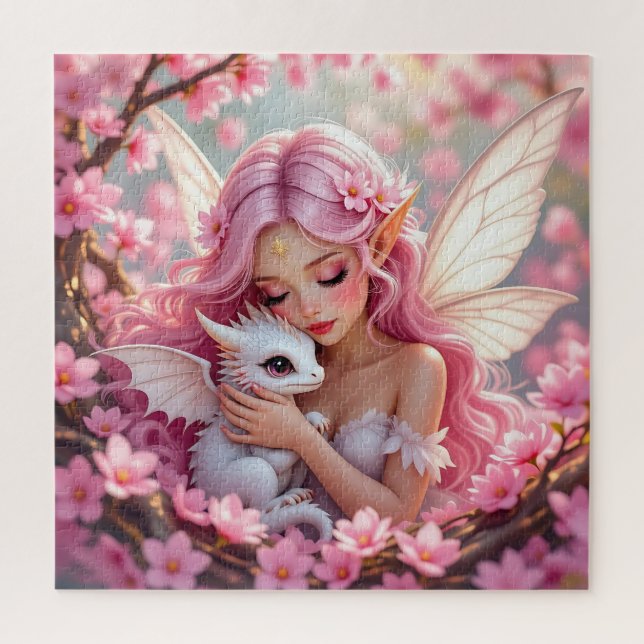 Pretty Pink Elven Fairy & Dragon  Jigsaw Puzzle (Vertical)