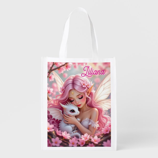 Pretty Pink Elven Fairy & Dragon Personalized Grocery Bag (Front)