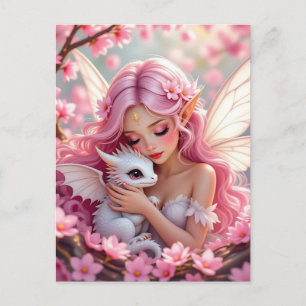 Pretty Pink Elven Fairy & Dragon Postcard