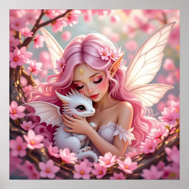 Pretty Pink Elven Fairy & Dragon  Poster (Front)