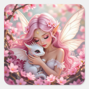 Pretty Pink Elven Fairy & Dragon Square Sticker