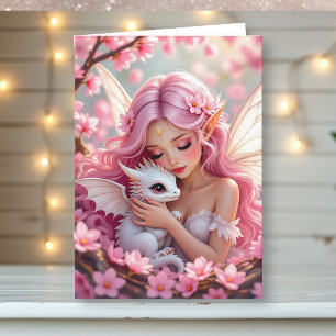 Pretty Pink Elven Fairy & Dragon Thinking of You Card