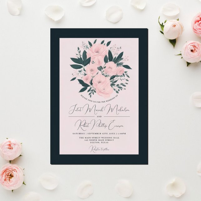 Pretty Pink Emerald Roses Peonies Wedding Invitation (Creator Uploaded)
