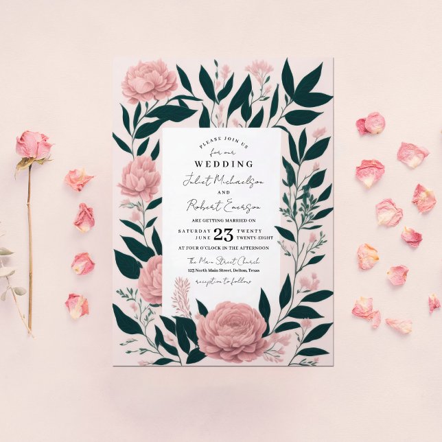 Pretty Pink Emerald Roses Peonies Wedding Invitation (Creator Uploaded)