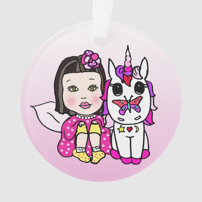Pretty Pink Fairy & Rainbow Unicorn & Butterfly Ornament (Front)