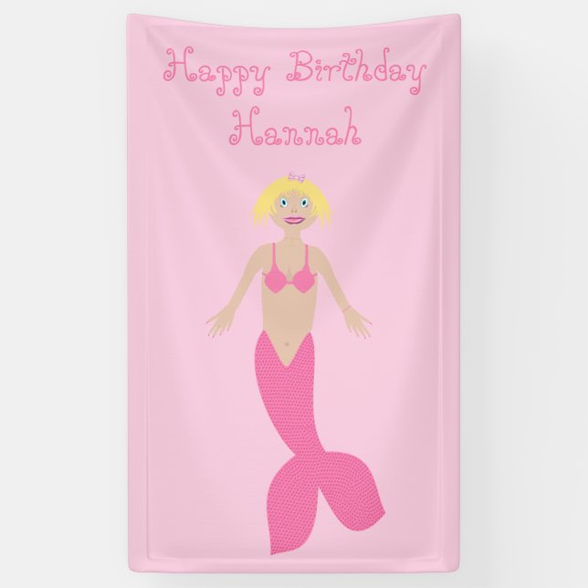 Pretty Pink Fantasy Mermaid Custom Birthday Banner (Vertical)