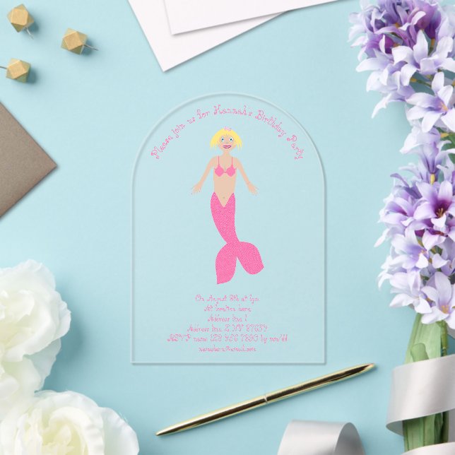 Pretty Pink Fantasy Mermaid Custom Birthday Party Acrylic Invitations (Insitu (Wedding))