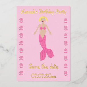 Pretty Pink Fantasy Mermaid Custom Birthday Party Foil Holiday Card