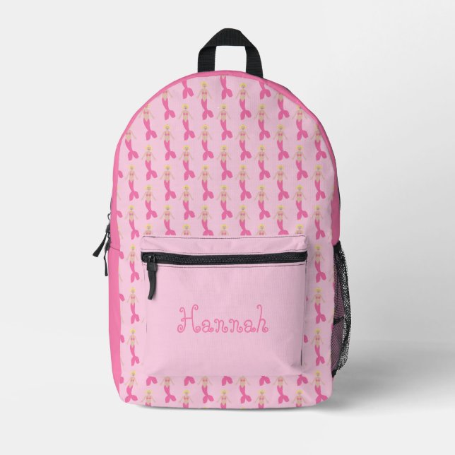 Pretty Pink Fantasy Mermaid Custom Name Printed Backpack (Front)
