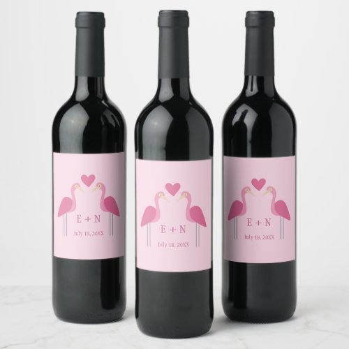 Pretty Pink Flamingo Cute Wedding Couple Custom Wine Label