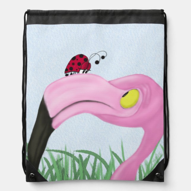 Pretty Pink Flamingo Drawstring Bag (Front)