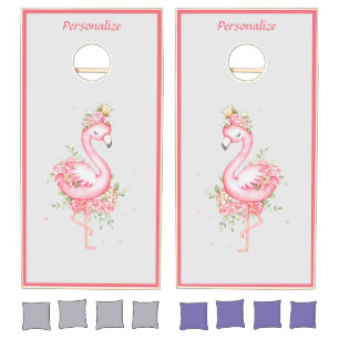 Pretty Pink Flamingo Gold Crown Roses Princess Cornhole Set