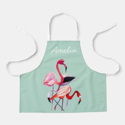 Pretty pink flamingo on blue apron