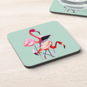 Pretty pink flamingo on blue beverage coaster