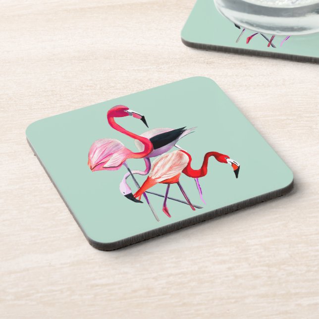 Pretty pink flamingo on blue beverage coaster (Left Side)