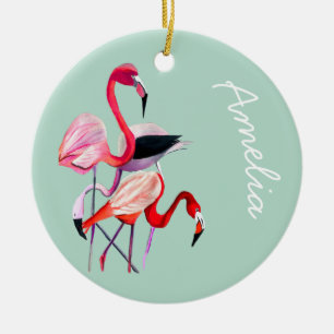 Pretty pink flamingo on blue ceramic ornament