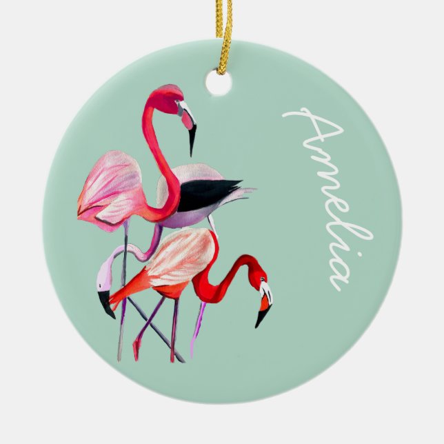 Pretty pink flamingo on blue ceramic ornament (Front)