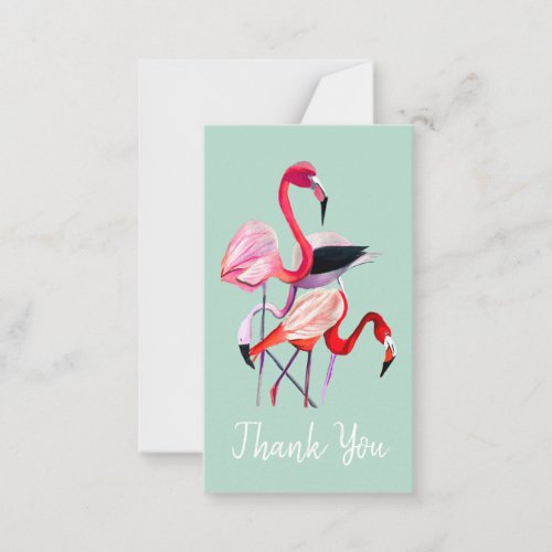Pretty pink flamingo on blue note card