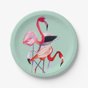 Pretty pink flamingo on blue paper plates