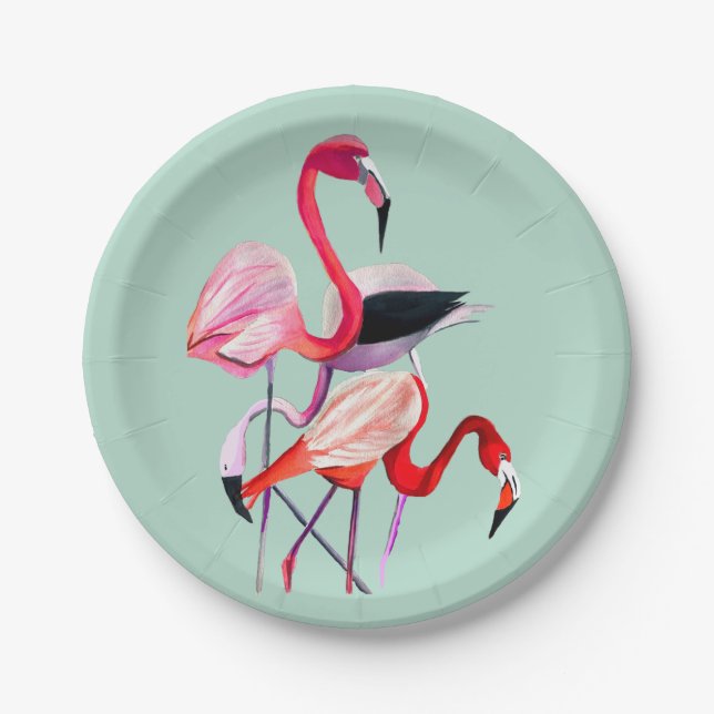 Pretty pink flamingo on blue paper plates (Front)