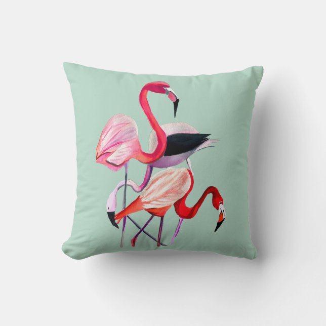 Pretty pink flamingo on blue throw pillow (Front)