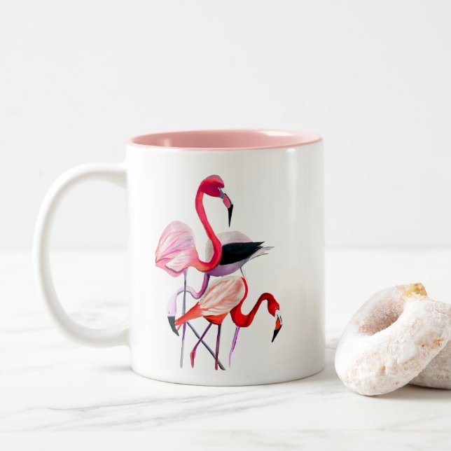 Pretty pink flamingo on blue Two-Tone coffee mug (With Donut)