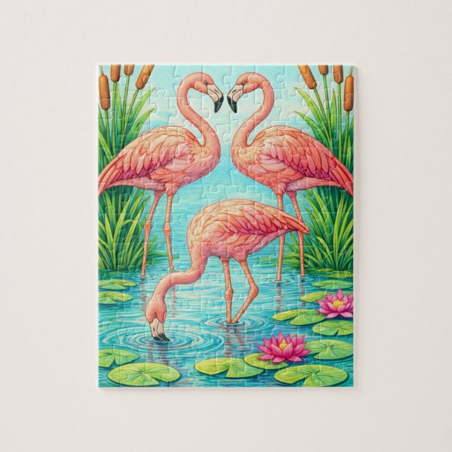 Pretty Pink Flamingo Pond Jigsaw Puzzle (Vertical)