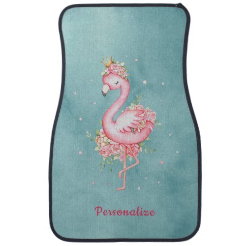 Pretty Pink Flamingo Princess Gold Crown Flowers Car Floor Mat