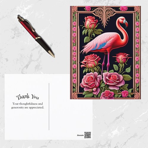 Pretty Pink Flamingo Rose Illustration Postcard