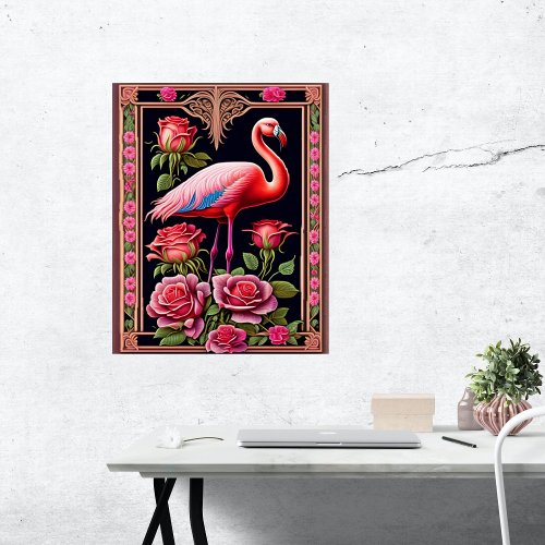 Pretty Pink Flamingo Rose Illustration Poster