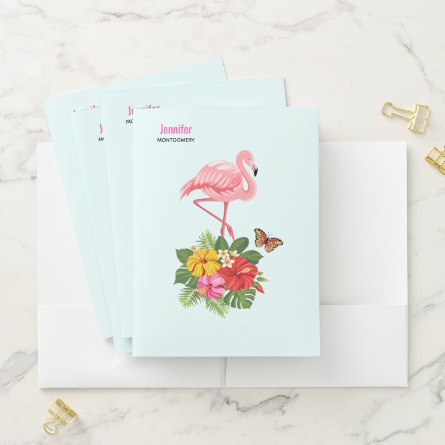 Pretty Pink Flamingo & Tropical Hibiscus Fancy Pocket Folder (In Situ)