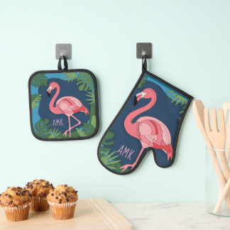 Pretty Pink Flamingo with Name Oven Mitt & Pot Holder Set