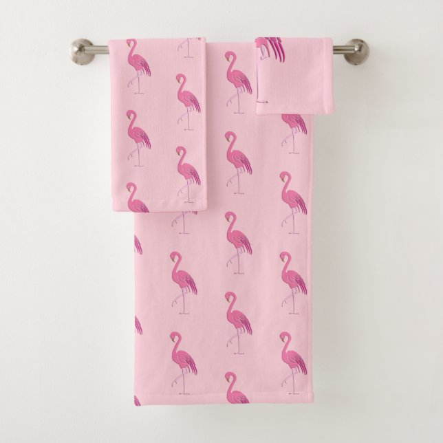 Pretty pink flamingos on a pink background bath towel set (Insitu)