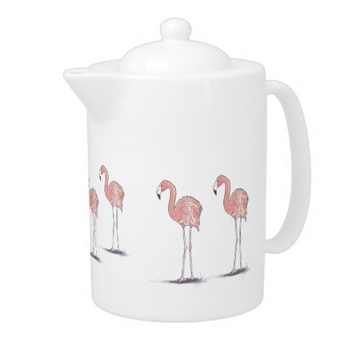 Pretty Pink Flamingos Pen and Ink Color Drawing Teapot