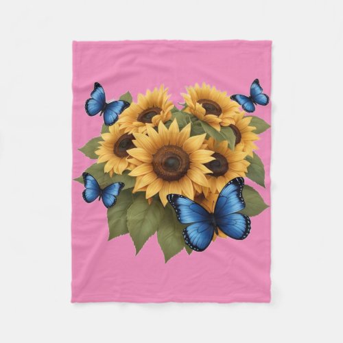 Pretty Pink Fleece Blanket with Yellow Sunflowers 