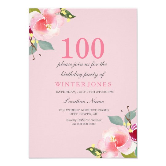 Pretty Pink Floral 100th Birthday Party Invitation | Zazzle.com