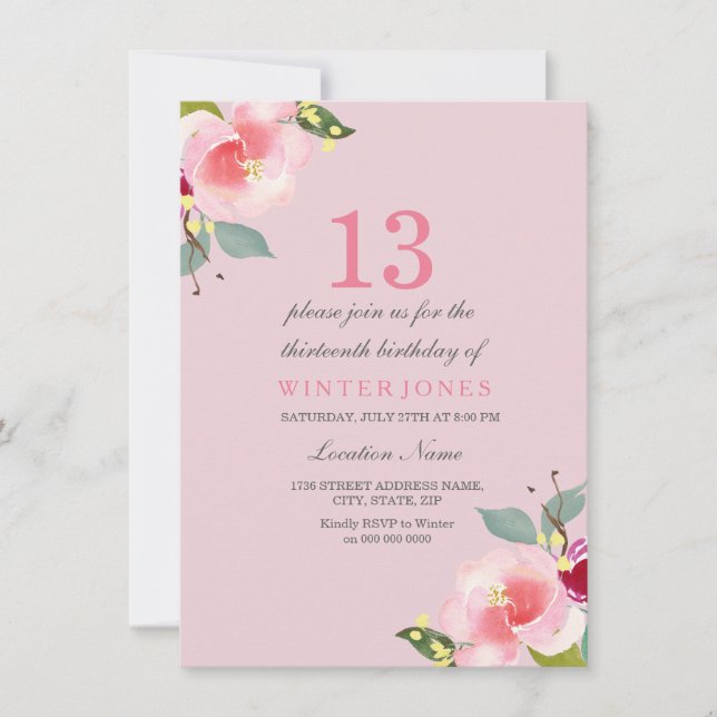 Pretty Pink Floral 13th Birthday Party Invitation (Front)