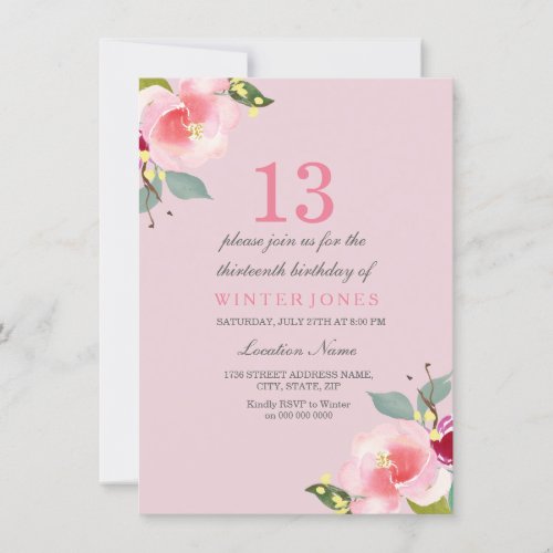 Pretty Pink Floral 13th Birthday Party Invitation