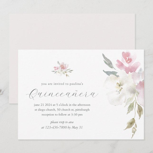 Pretty Pink Floral 15 Years Birthday Quinceañera Invitation (Front/Back)