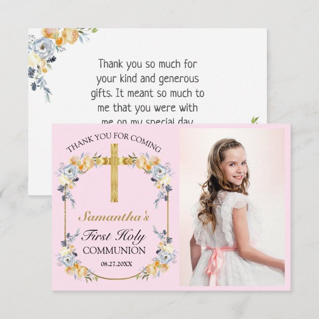 Pretty Pink Floral 1st Holy Communion Thank You  (Front/Back)