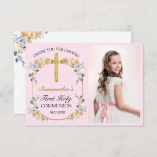 Pretty Pink Floral 1st Holy Communion Thank You
