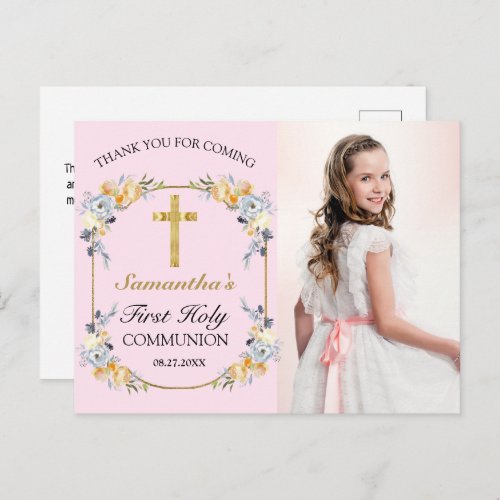 Pretty Pink Floral 1st Holy Communion Thank You Po Postcard