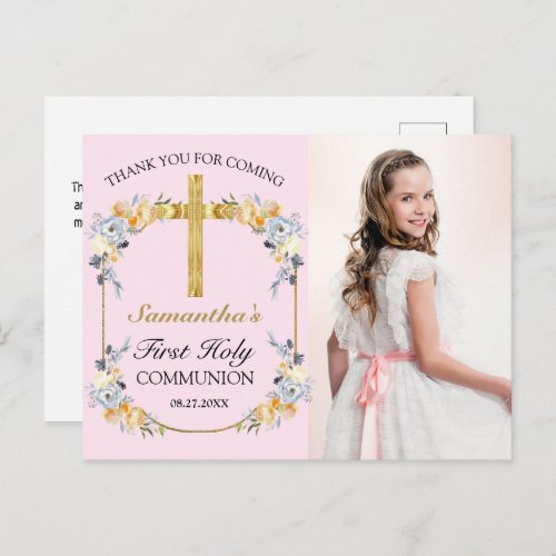 Pretty Pink Floral 1st Holy Communion Thank You Postcard